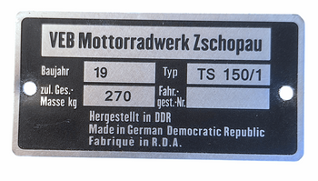 MZ TS 150/1 tabliczka znamionowa