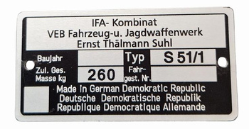 Simson S 51/1 tabliczka znamionowa