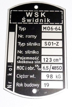 WSK M06-64, M06 64 (silnik S01-Z, 6,5 KM) tabliczka znamionowa