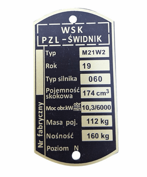 WSK 175 M21W2 tabliczka znamionowa od 1978 (175 cm, silnik 060)