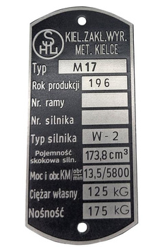SHL M17 M 17 Gazela tabliczka znamionowa 1969 (ciężar 125kg)