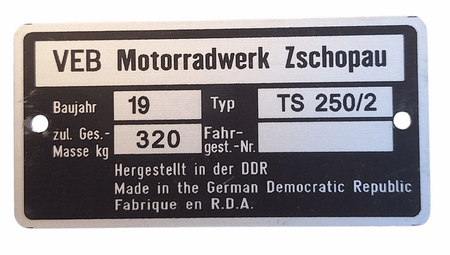 MZ TS 250/2 tabliczka znamionowa