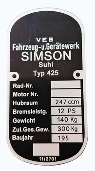 Simson Awo 425 tabliczka znamionowa
