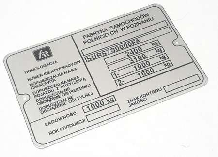 Tarpan FSR tabliczka znamionowa + vin i wagi