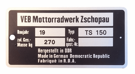 MZ TS 150 tabliczka znamionowa