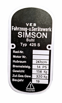 Simson Sport 425 S tabliczka znamionowa