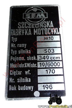 Junak M10 1965- prostokątna tabliczka znamionowa