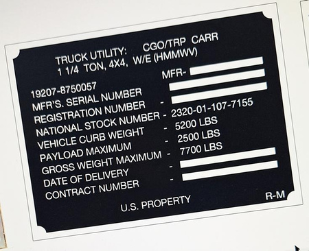 Humvee HMMWV tabliczka znamionowa