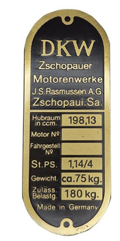 DKW E200 E 200, tabliczka znamionowa mosiądz
