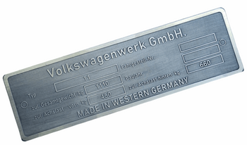 Volkswagen Garbus Typ 11 DMC 1110 kg tabliczka znamionowa