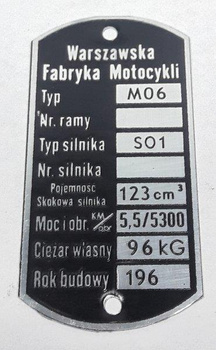 WFM M06 M 06 (silnik S01, moc 5,5 KM) tabliczka znamionowa