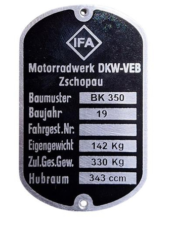 IFA BK 350 tabliczka znamionowa