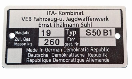 Simson S50B1,S 50 B1 tabliczka znamionowa