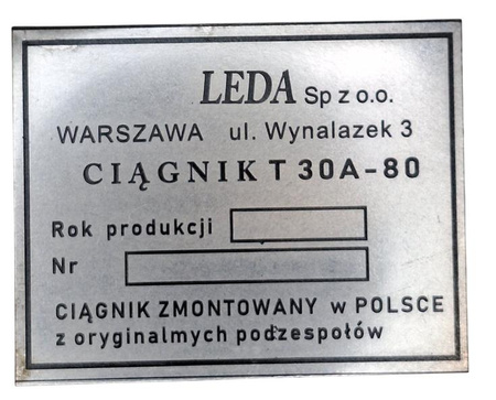 Leda T30 A80 tabliczka znamionowa