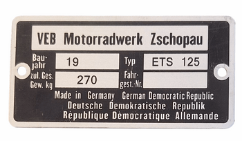 MZ ETS 125 waga 270 kg tabliczka znamionowa