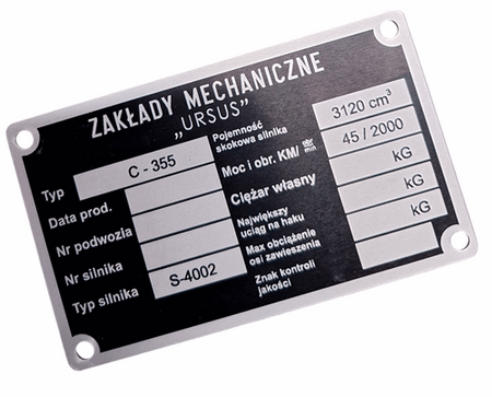 Ursus C 355 (ciągnik) tabliczka znamionowa główna