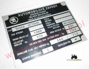 Skoda Octavia- tabliczka znamionowa