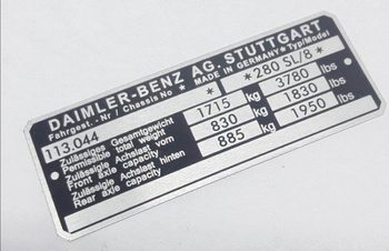 Mercedes W113 280 SL/8 1715 kg nr.2 tabliczka znamionowa