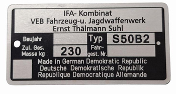 Simson S50B2 S 50 B2 tabliczka znamionowa