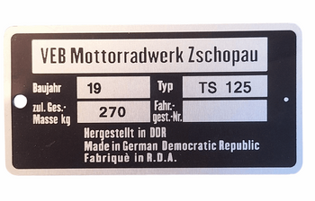 MZ TS 125 tabliczka znamionowa