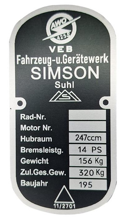 Simson Awo 425  tabliczka znamionowa