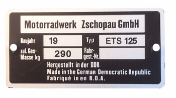 MZ ETS 125 waga 290 kg tabliczka znamionowa