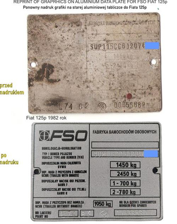 Polski Fiat 125p nadruk renowacja regeneracja tabliczki znamionowej