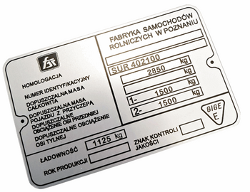Tarpan tabliczka znamionowa + vin i wagi dmc 2850 kg