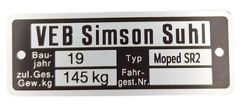 Simson SR2 tabliczka znamionowa