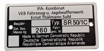 Simson Sr 50/1C tabliczka znamionowa