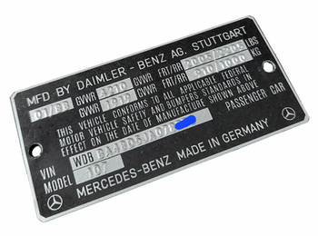 Mercedes W107 W1234tabliczka znamionowa USA tłoczona