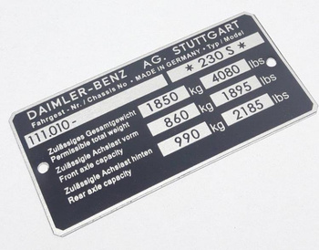 Mercedes W111.010 typ 230 S tabliczka znamionowa