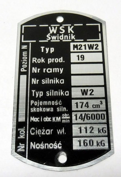 WSK M21W2 (silnik W2) tabliczka znamionowa (około 1977)