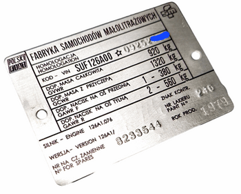 Fiat 126p 1979 rok  tabliczka znamionowa tłoczona tłoczony VIN