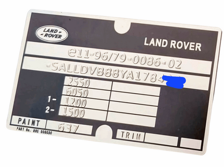 Land Rover Defender tabliczka znamionowa tłoczona
