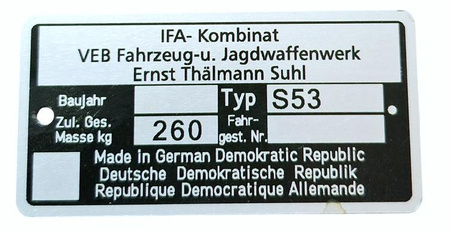 Simson S53 S 53 tabliczka znamionowa