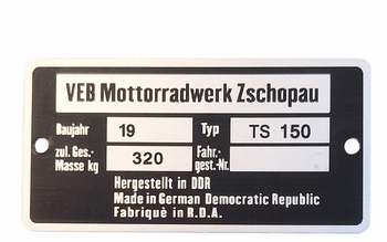 MZ TS 150 tabliczka znamionowa waga 320 kg