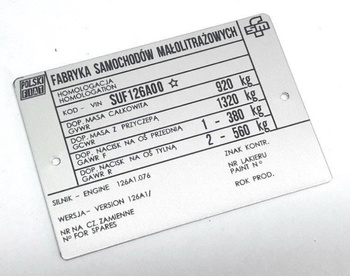 Polski Fiat 126p, vin SUF126A00 wersia 126A1.076 tabliczka znamionowa