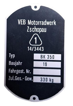 IFA BK 350  nr. 2 tabliczka znamionowa