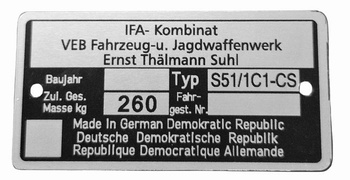Simson S51/1C1-CS tabliczka znamionowa