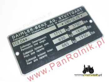 Mercedes Benz W113.044 typ 280 SL/8 1715 kg tabliczka znamionowa