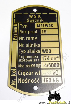 WSK M21W2S1, masa wł. 111 kg. tabliczka znamionowa (silnik W2B)