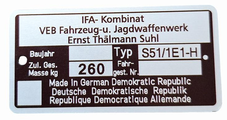 Simson S 51/1E1-H tabiczka znamionowa