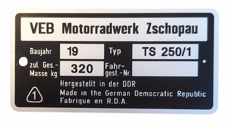 MZ TS 250/1 tabliczka znamionowa