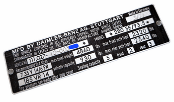Mercedes W111 280 SE tabliczka znamionowa tłoczona USA