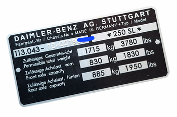 Mercedes W113 250 SL tabliczka znamionowa tłoczony VIN