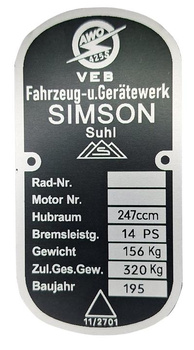 Simson Awo 425  tabliczka znamionowa