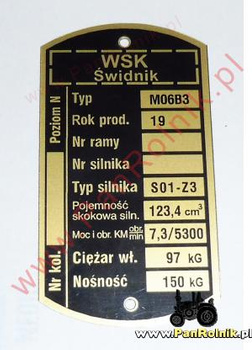 WSK M06B3 tabliczka znamionowa ( (silnik S01-Z3 rok 1977)