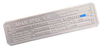 Opel GT tabliczka znamionowa + znakowanie