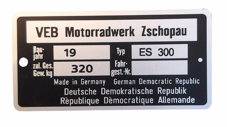 MZ MZ ES 300 tabliczka znamionowa